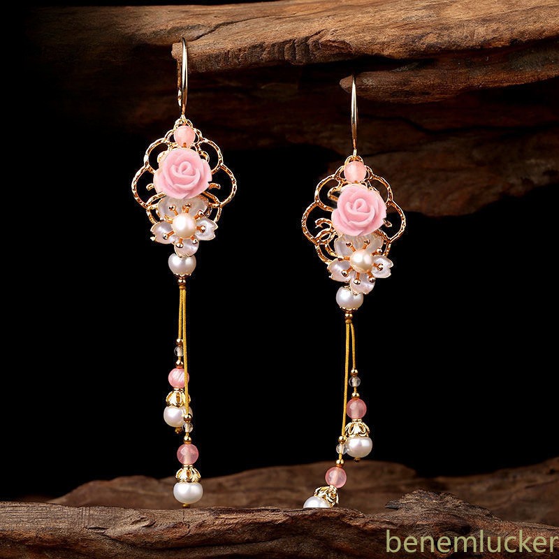 1Pair Chinese Ethnic Long Earrings Pink Flower Tassels Hanfu Accessories Gift