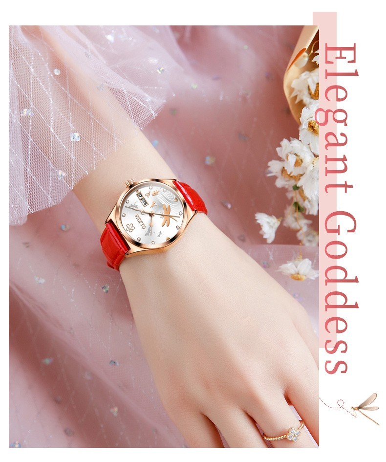 OLEVS 6611 Leather Dragonfly Style Automatic Female Dress Mechanical Wristwatch