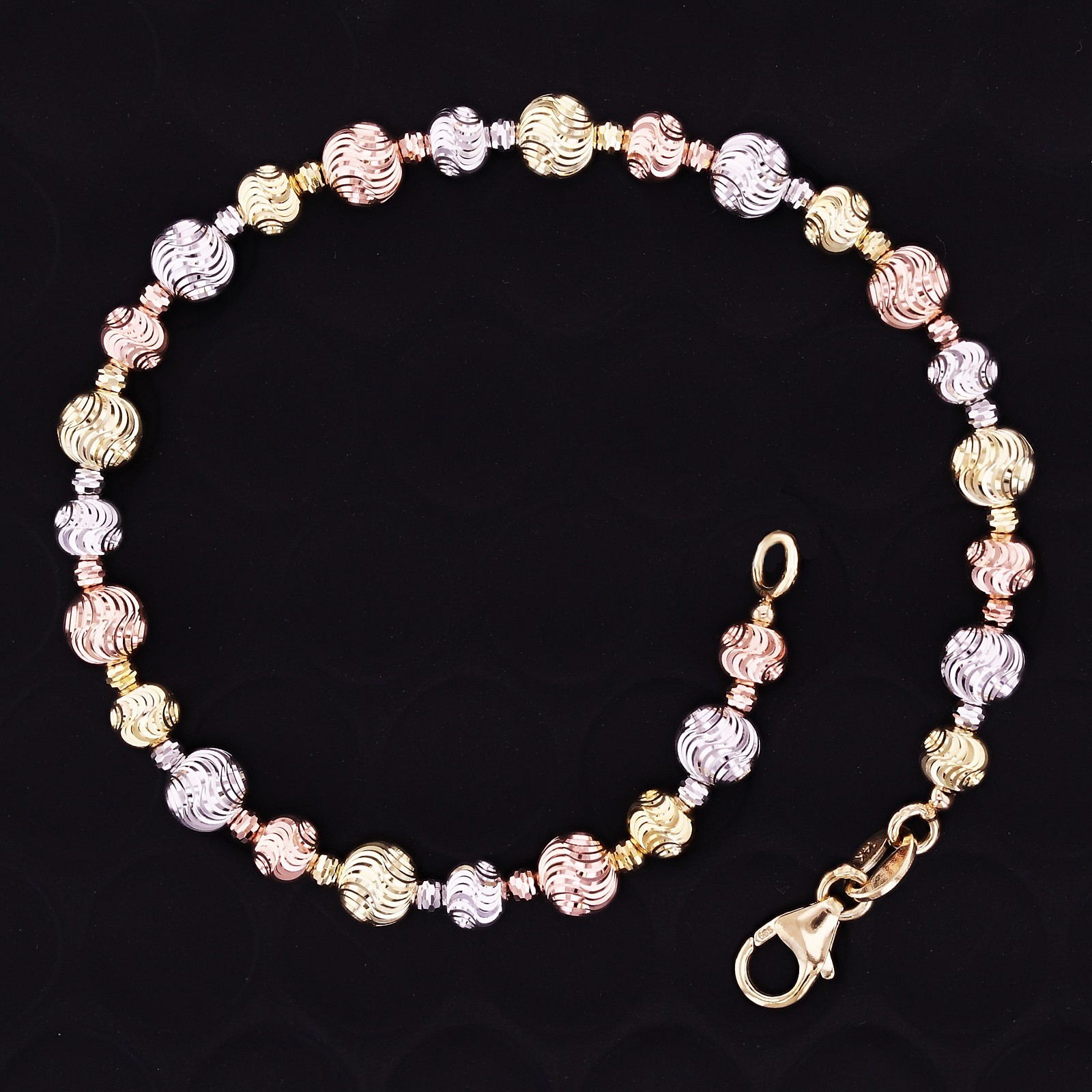 Italian 14k Tri-Color Gold Diamond Cut Ball Bead Bracelet 7″ 5mm 4.2 grams