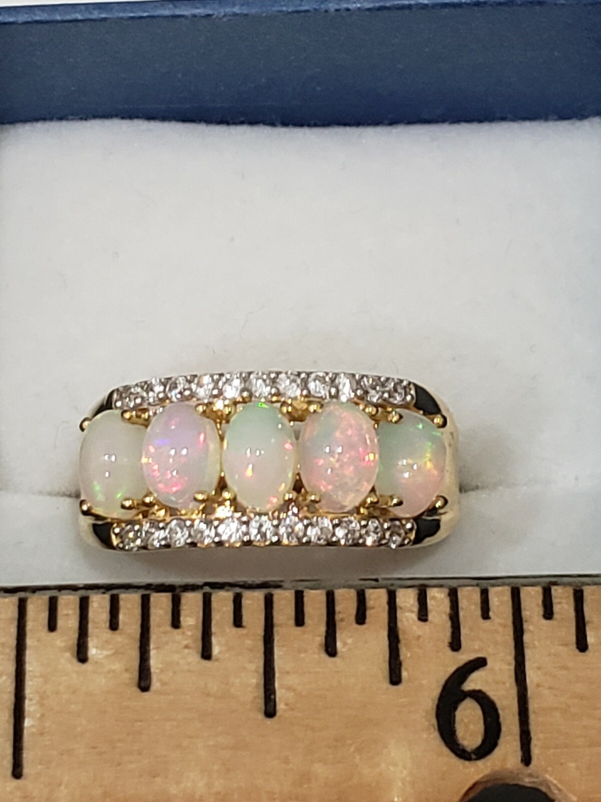 Ethiopian Welo Opal & White Zircon band ring in 14K YG over 925 SS 1.90 cts sz 8