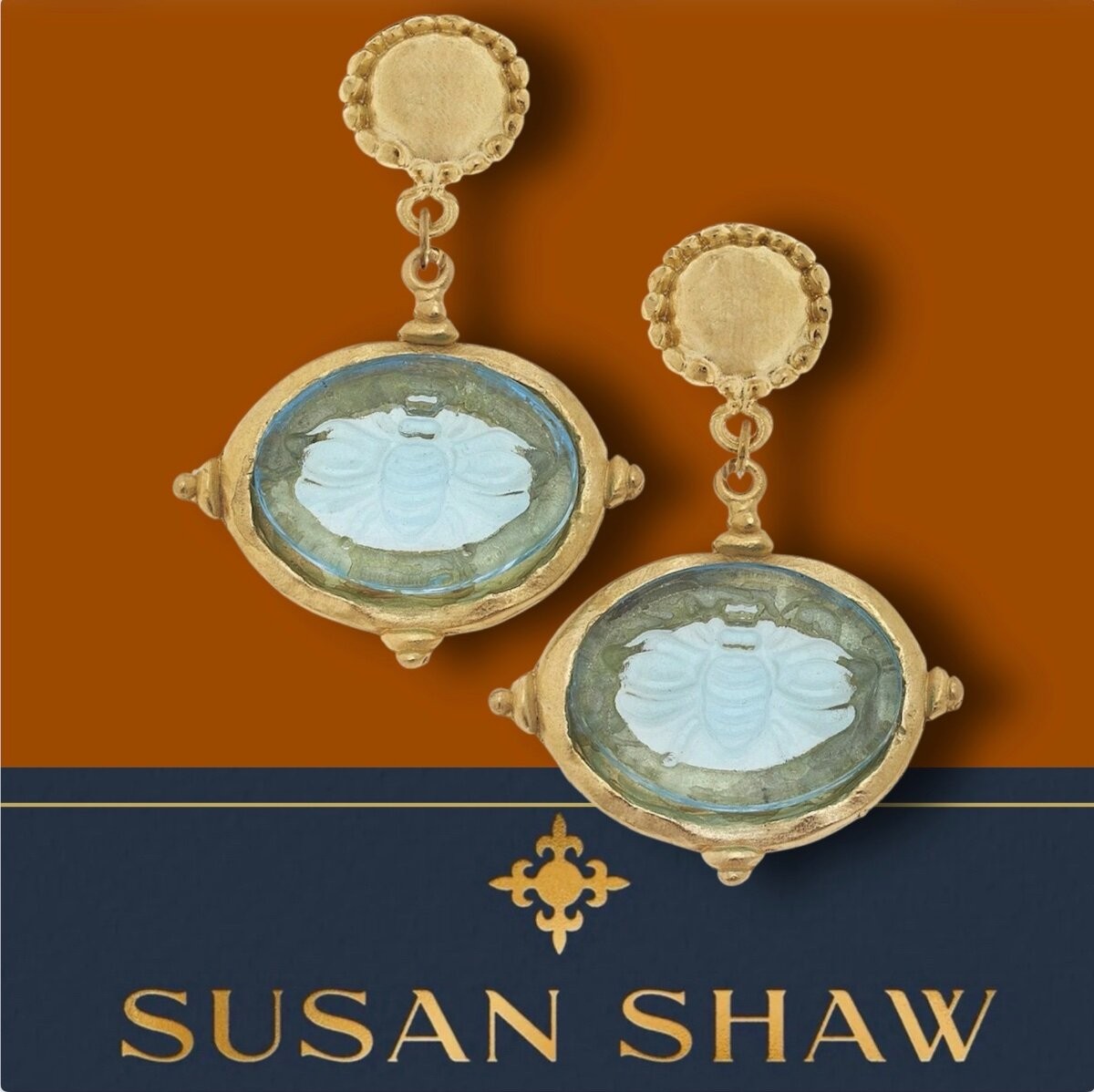 Susan Shaw Earrings Venetian Glass Intaglio Bee Cab 24K TPG Jewelry Gift