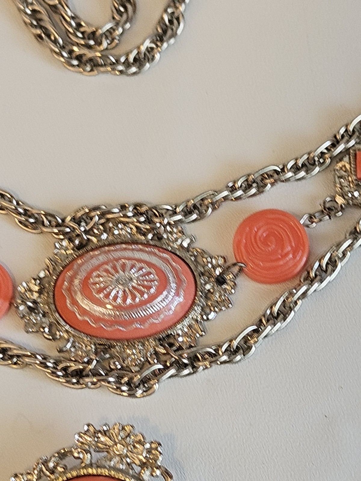 Mid-century celluloid/molded plastic “faux coral” VICTORIAN RIVIVAL PARURE set