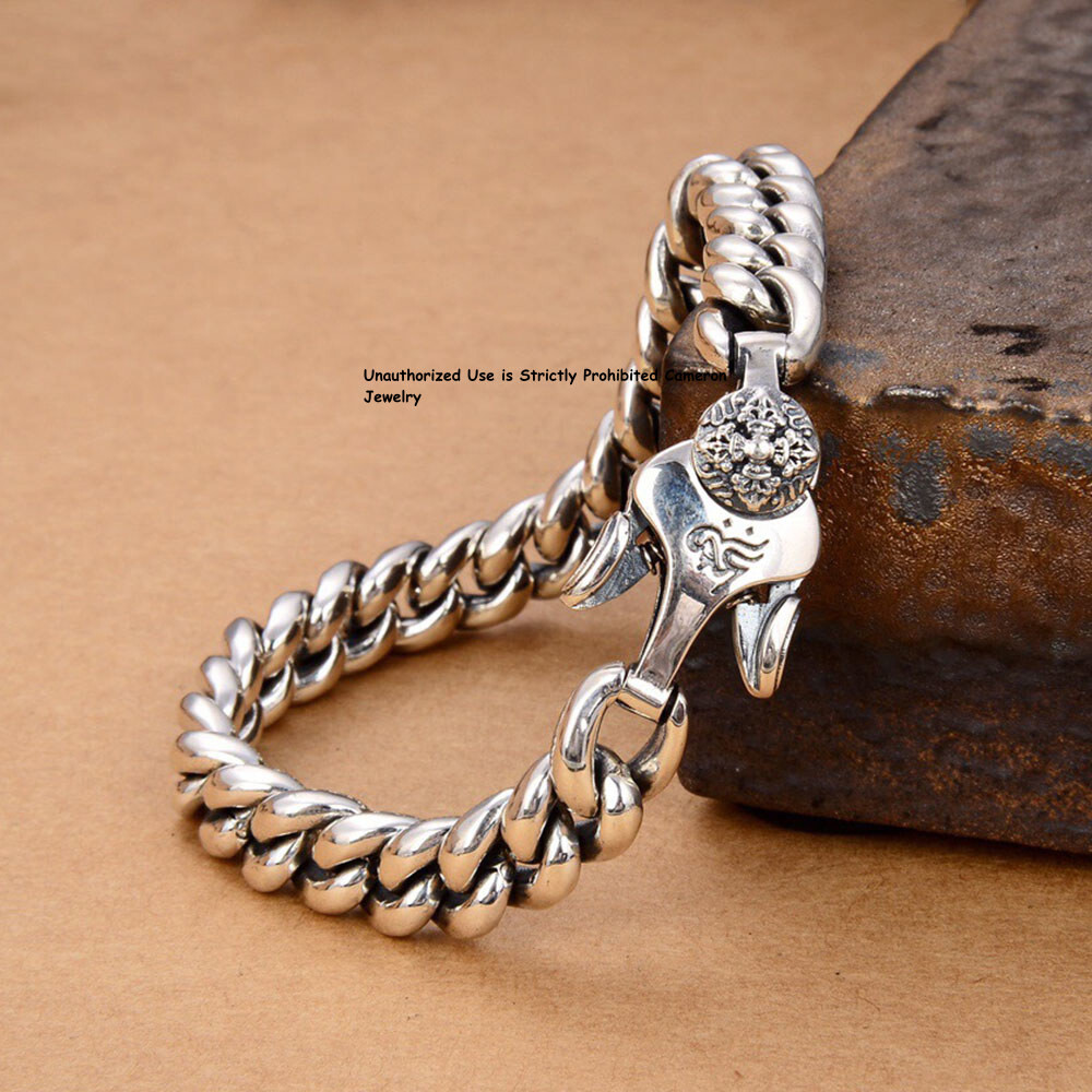 Pure S925 Sterling Silver Chain Men Vajra 9mm Curb Link Bracelet 8.26in 52-53g