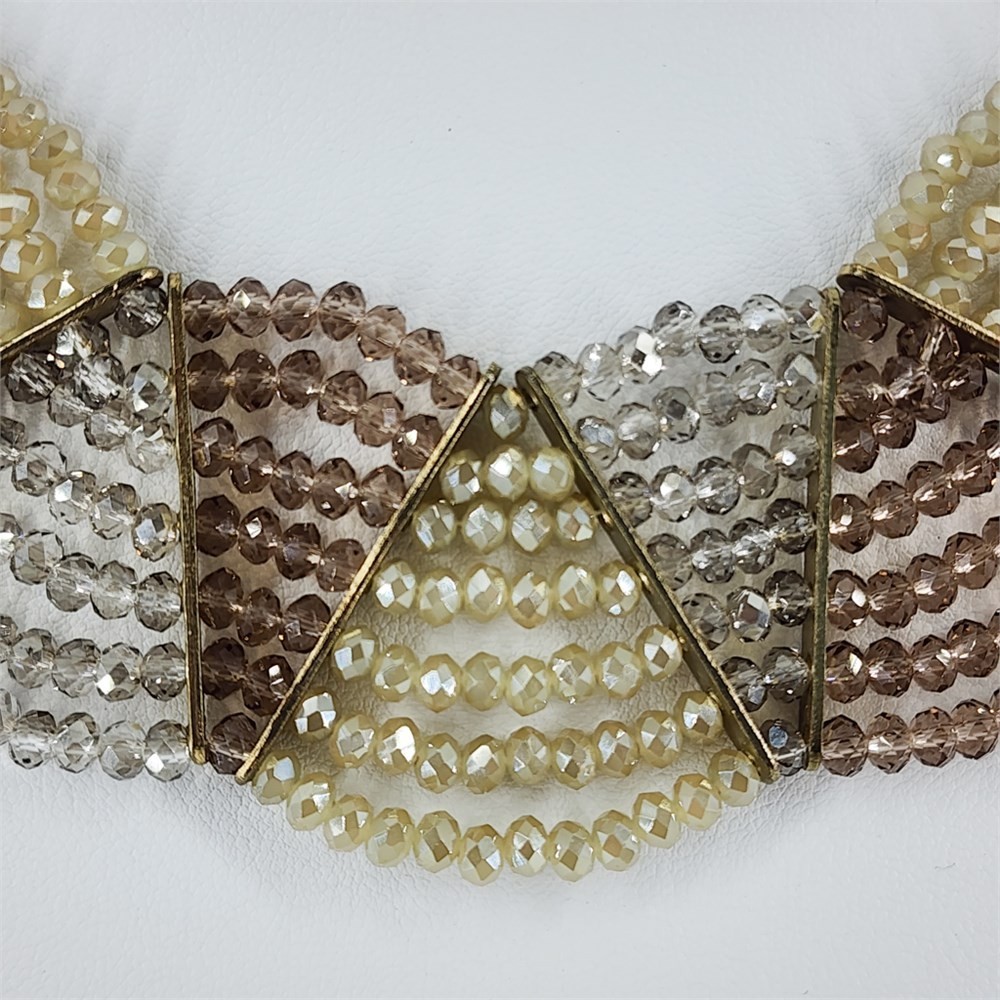 Vintage Multi-Strand Crystal Bib Necklace Gold Bronze Geometric Statement