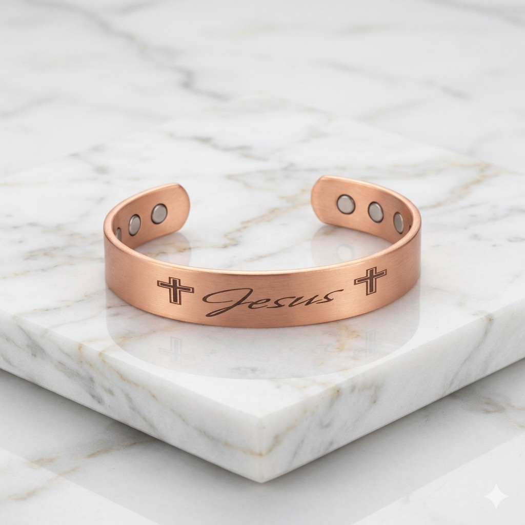 Pure Solid Copper Magnetic Bracelet Arthritis Pain Therapy 12mm Cuff Jesus Cross
