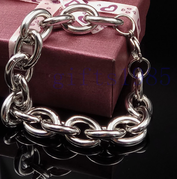 Silver oval Chain SUPER BIG 15mm Stainless Steel Men Bangle Bracelet 17-23cm