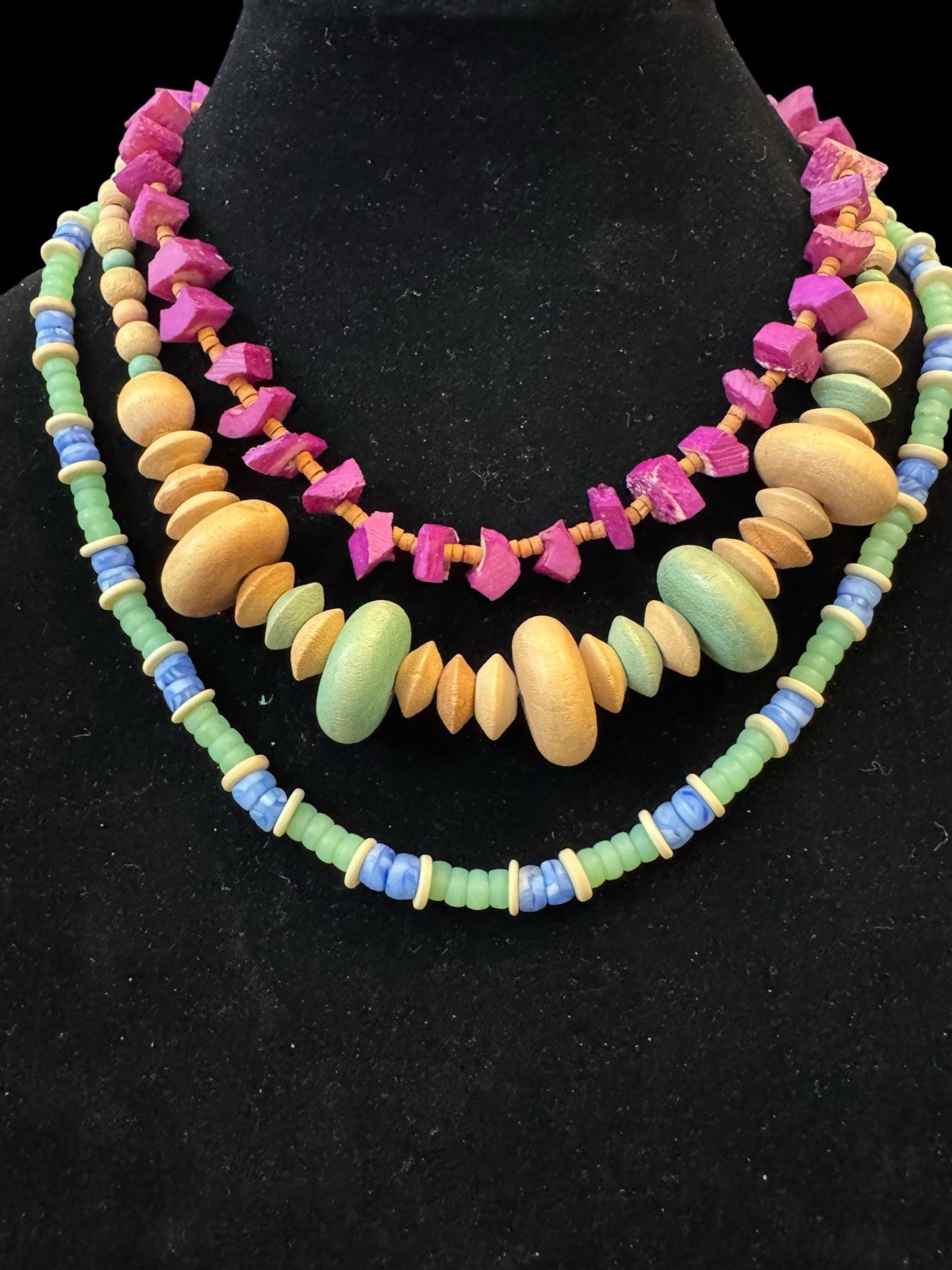 3 Piece Fun Colorful Wood Stone Nature Necklaces Purple Green Blue Brown BN3