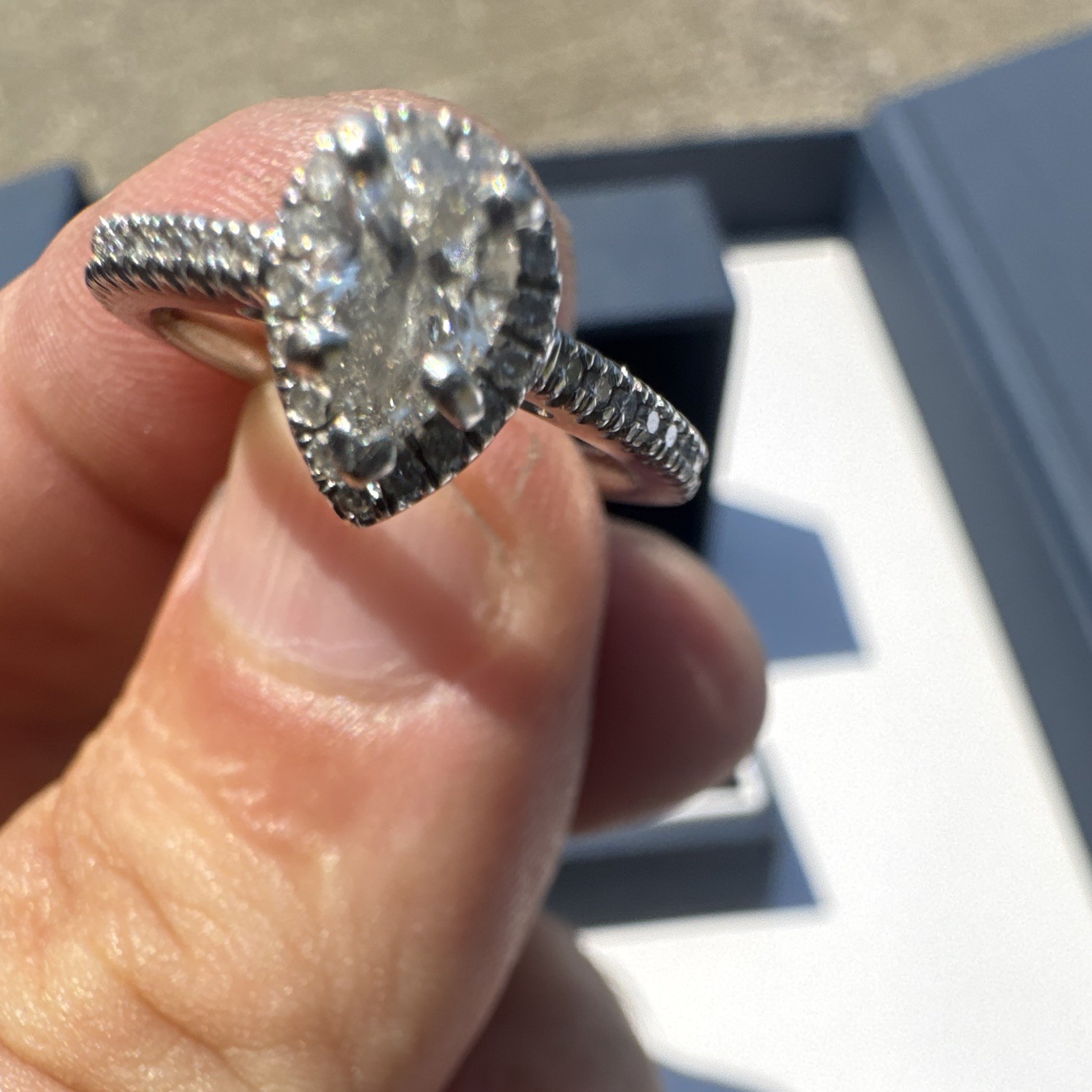 Blue Nile Pear Halo Natural Diamond Engagement Ring 14k White Gold Sz 7 GIA