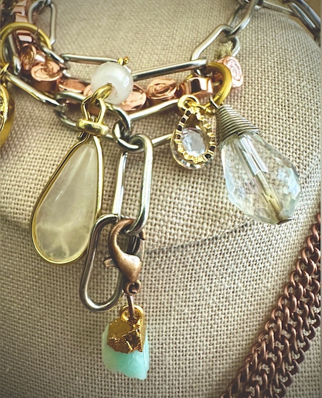 Handcrafted Stainless Assemblage Paperclip Metal & Pearls Charm Bracelet