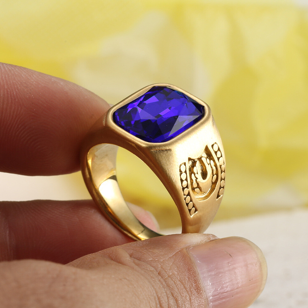 Men’s Square Stone Signet Ring Stainless Steel Wedding Band Statement Biker