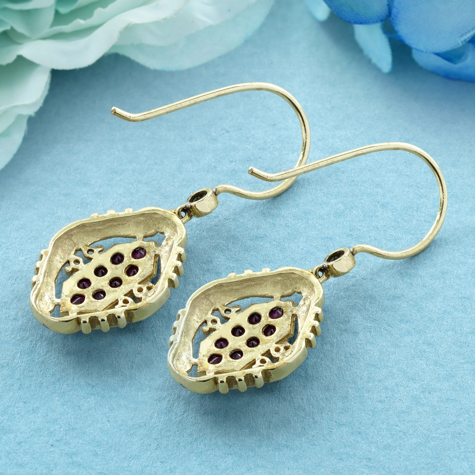 9K Gold Natural Ruby Cluster Vintage Style Drop Earrings