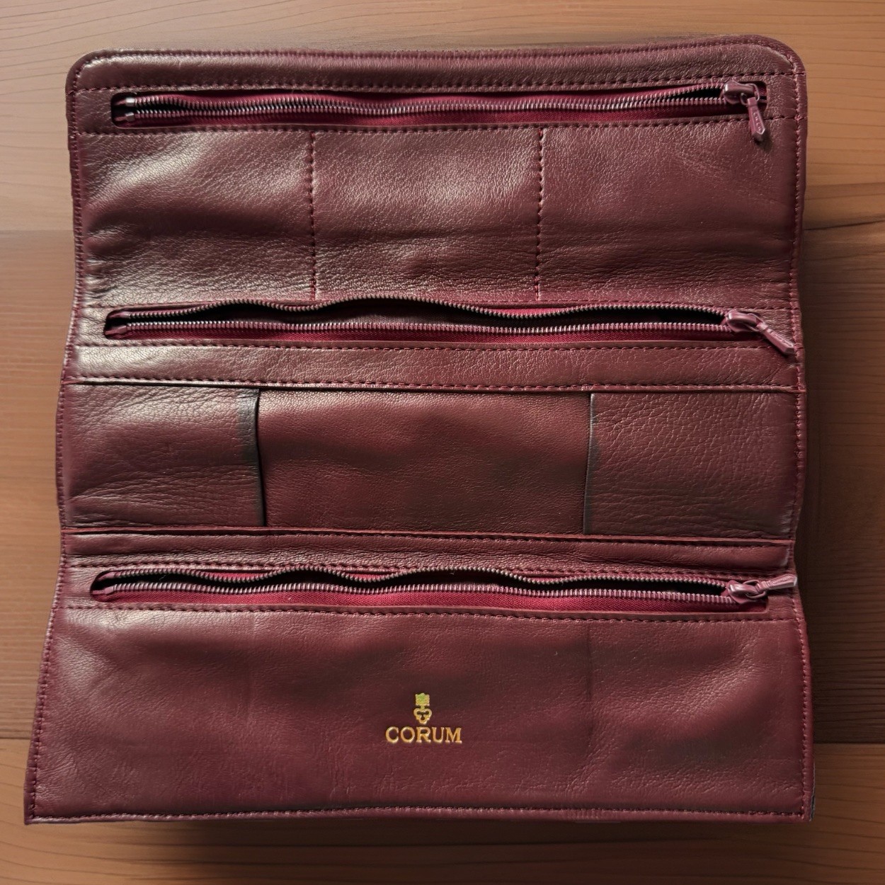 Vintage Corum Swiss Watch Brand Leather Travel Case Black and Burgundy Roll Zip
