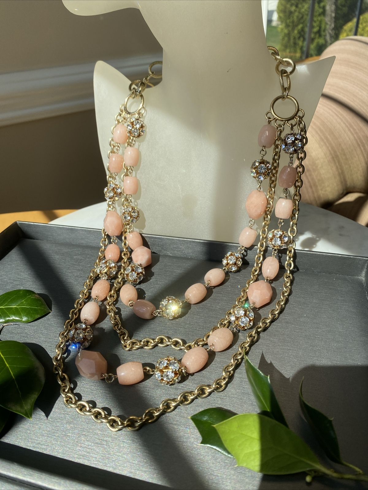 Vintage Necklace Estate Jewelry Pre-Owned Pink Gem Unusual Layered Sautoir