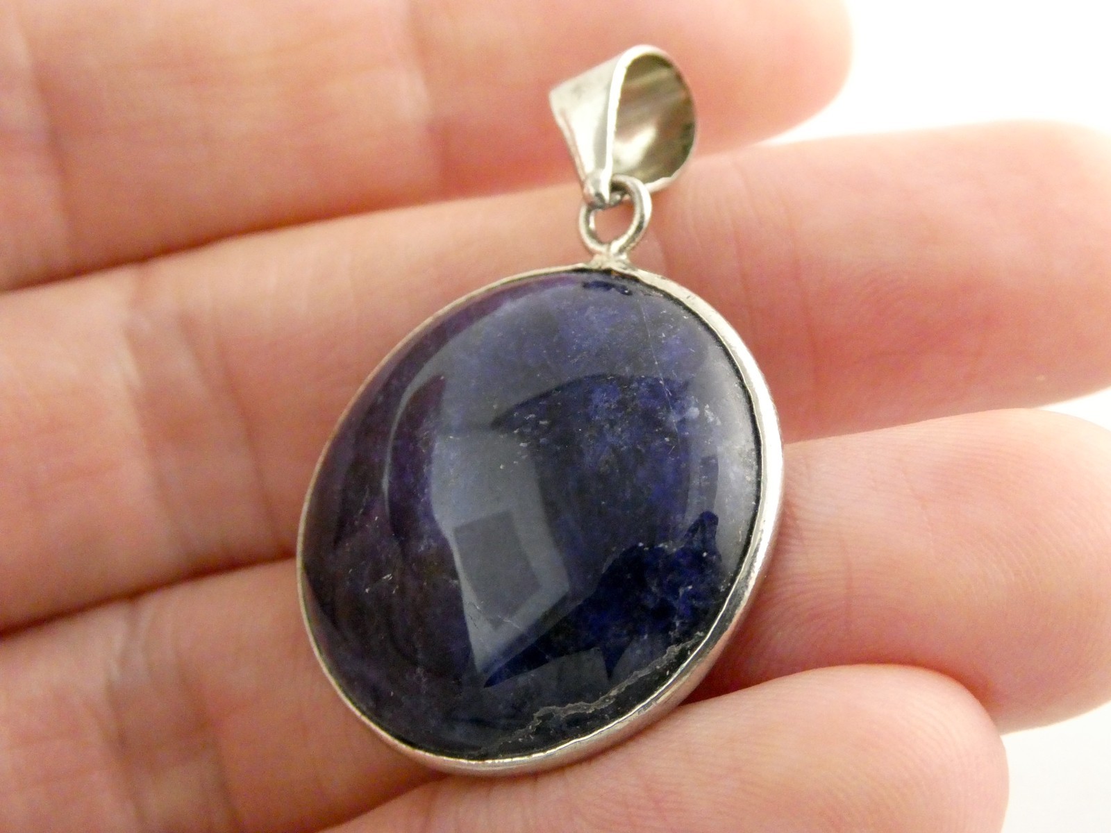 Silver Plated Bezel Setting Round Dyed Darker Blue Sodalite Cabochon Pendant