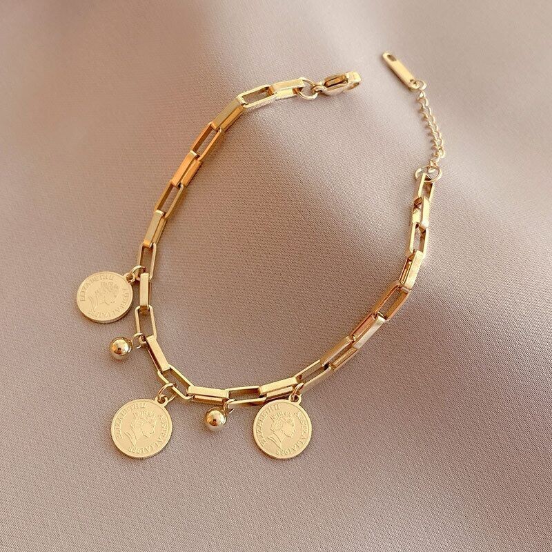 Woman 18K Gold Plated Elizabeth Queen Beaded Charm Box Chain Bracelet Bangle
