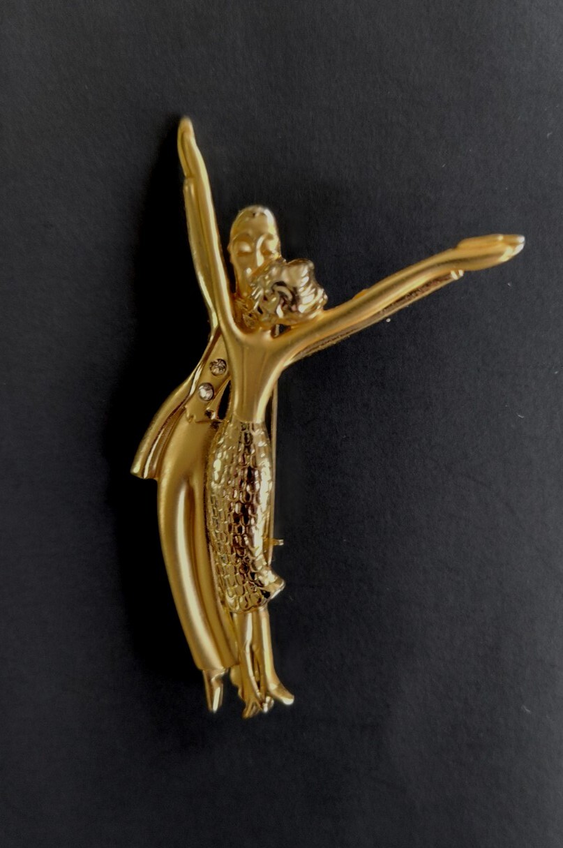 Vintage Gold Tone Brooch Male and Female Dancers Pin with Rhinestones