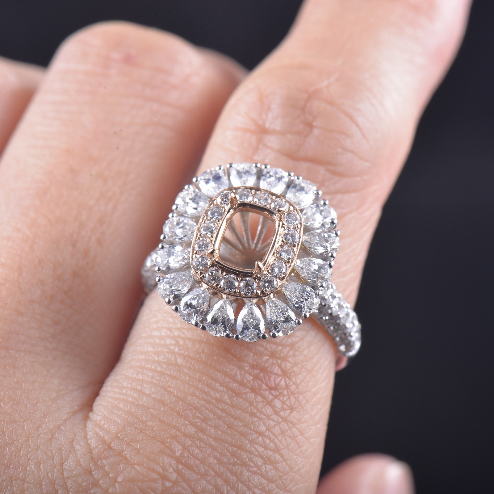 Custom Natural Diamond Semi Mount Women Ring Solid 14K 2-Tone Gold Cushion 7×5mm