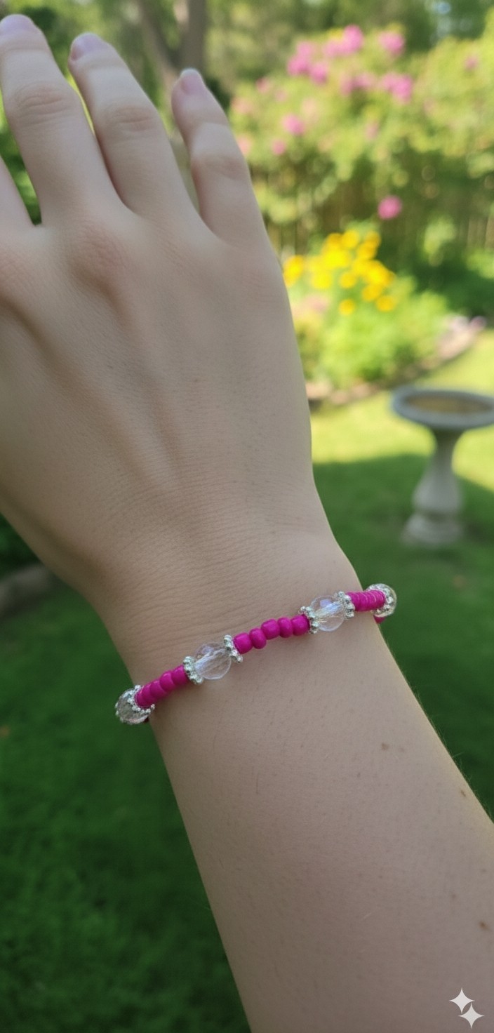Dark Pink Handmade Beaded Bracelet With Silver And Clear Pink Bead Accents