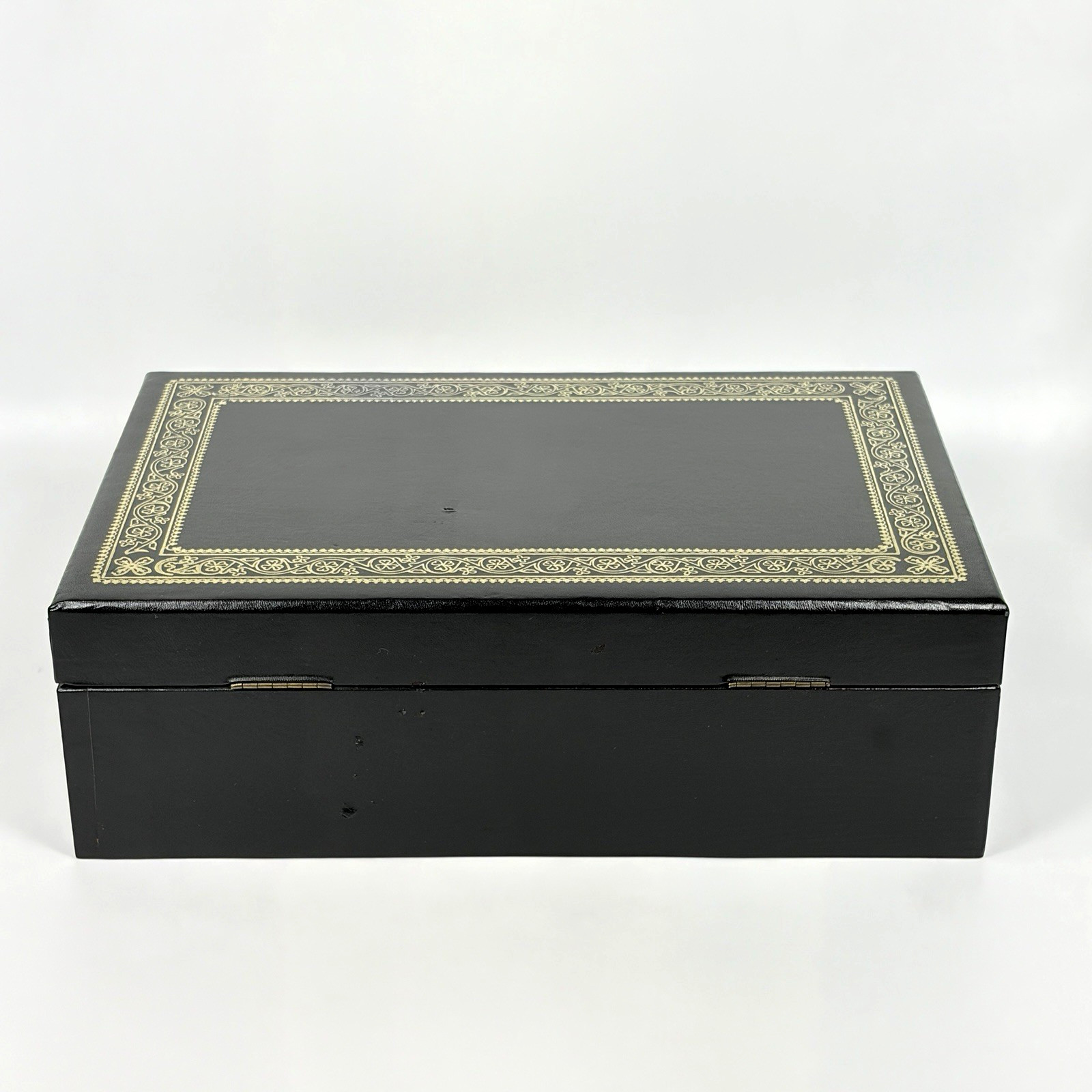 Vtg Black 2 Tier Jewelry Box Gold Clovers Dots Red Velvet Satin Lining NO Key