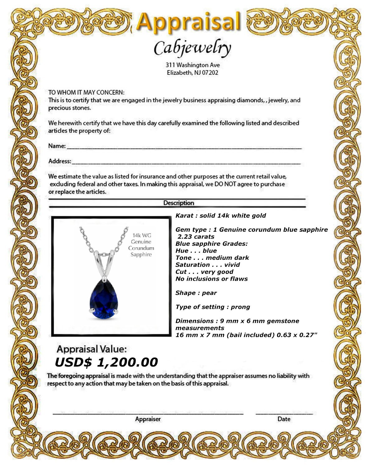 GENUINE 2.23 Cts BLUE SAPPHIRE PENDANT 14K GOLD – Free Appraisal – MADE IN USA