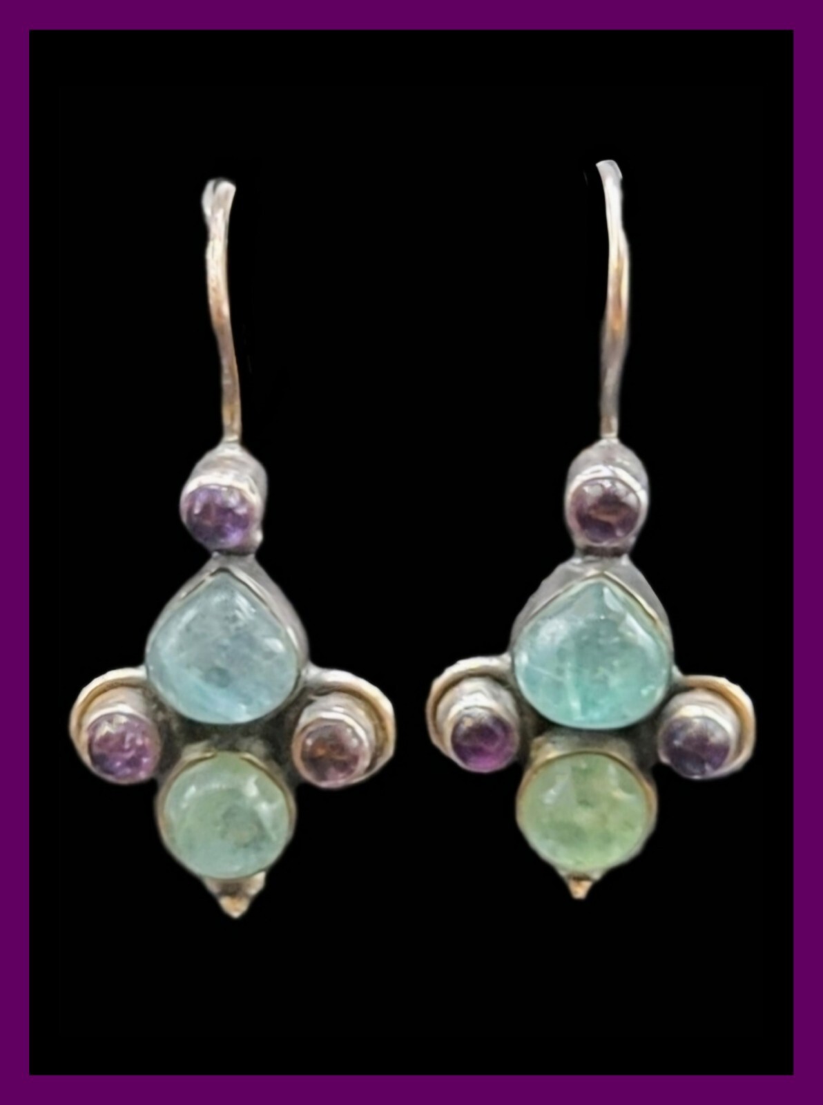 VINTAGE AMETHYST & APATITE Sterling Silver Earrings BLUE/GREEN PURPLE Pierced