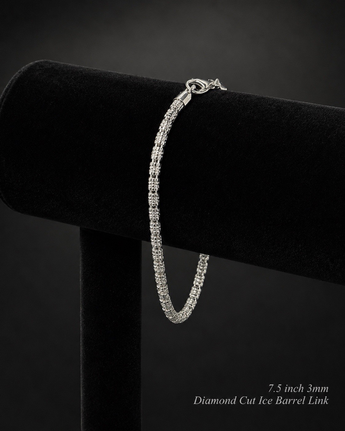 Silver Bar Link Chain Bracelet 7.5” Lobster Clasp Diamond Cut Ice Barrel