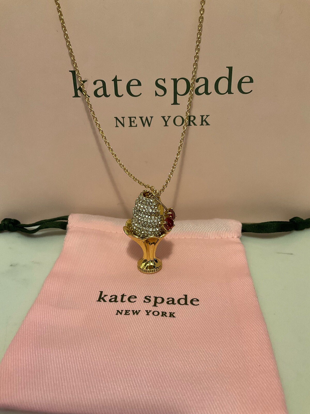 NWT Kate Spade New York 12K Gold Plated Metal Ice Cream Sundae Pendant Necklace