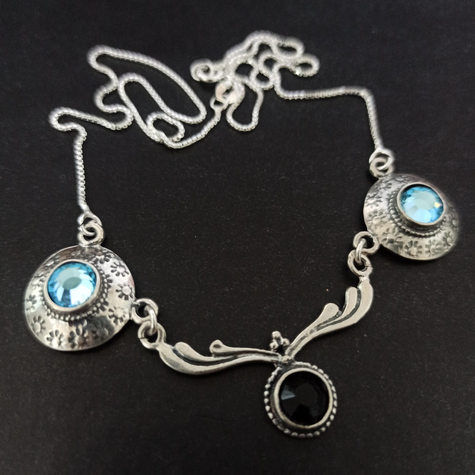 Vintage Silver Necklace Ligh Blue Black Bib Art Deco Sterling 925 Artisan Unique