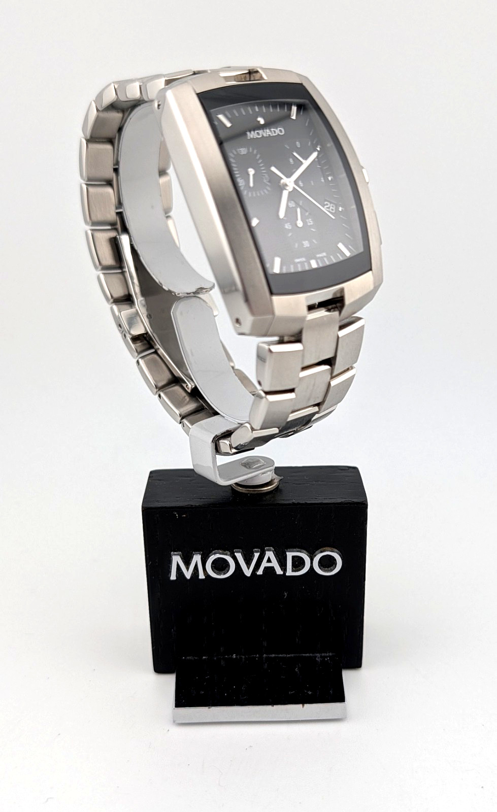 Movado Mens Eliro Chronograph SS W/Tonneau Barrel/Blk Dial #84.H1.1450~Exquisite