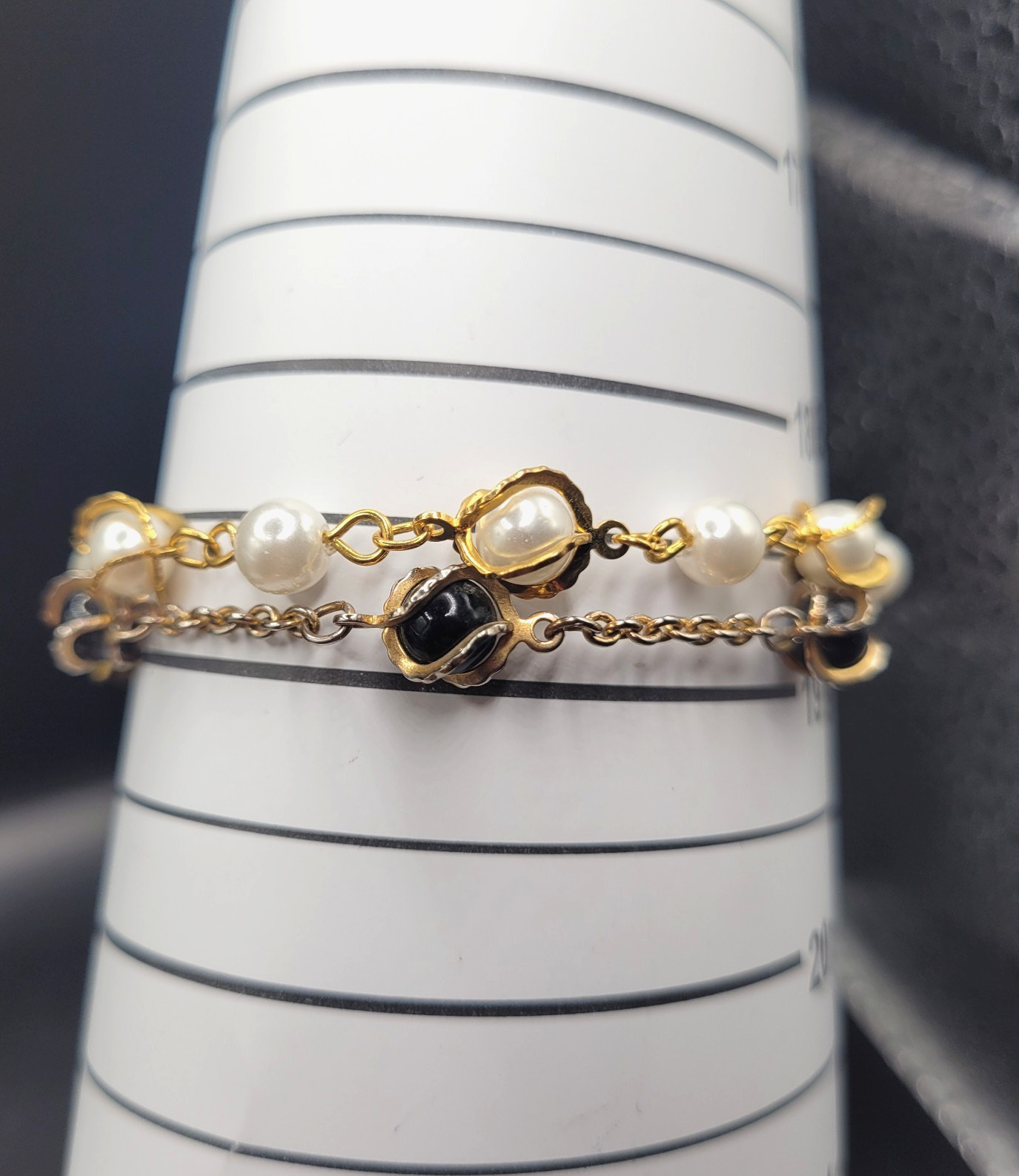 Faux Pearl Bracelets Set of 2 One Black and White Faux Pearls Gold Tone