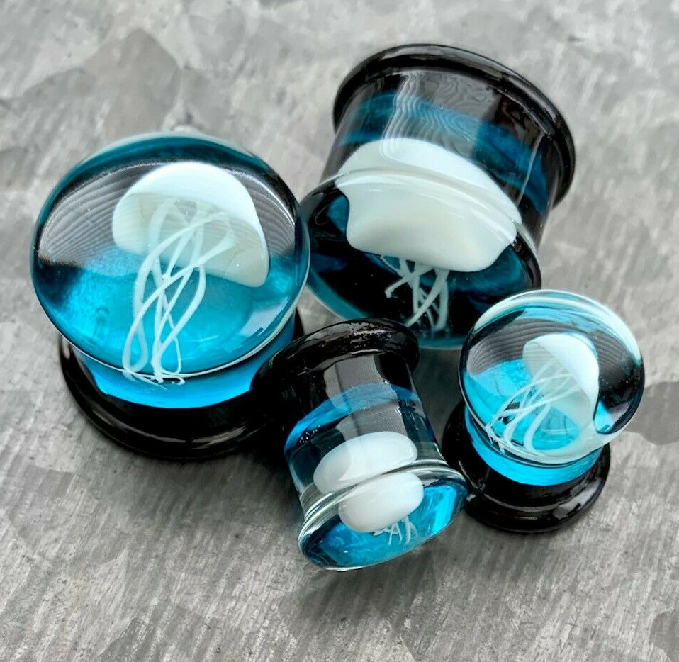 PAIR Jellyfish Design Glass Double Flare Plugs Jelly Fish Gauges Body Jewelry