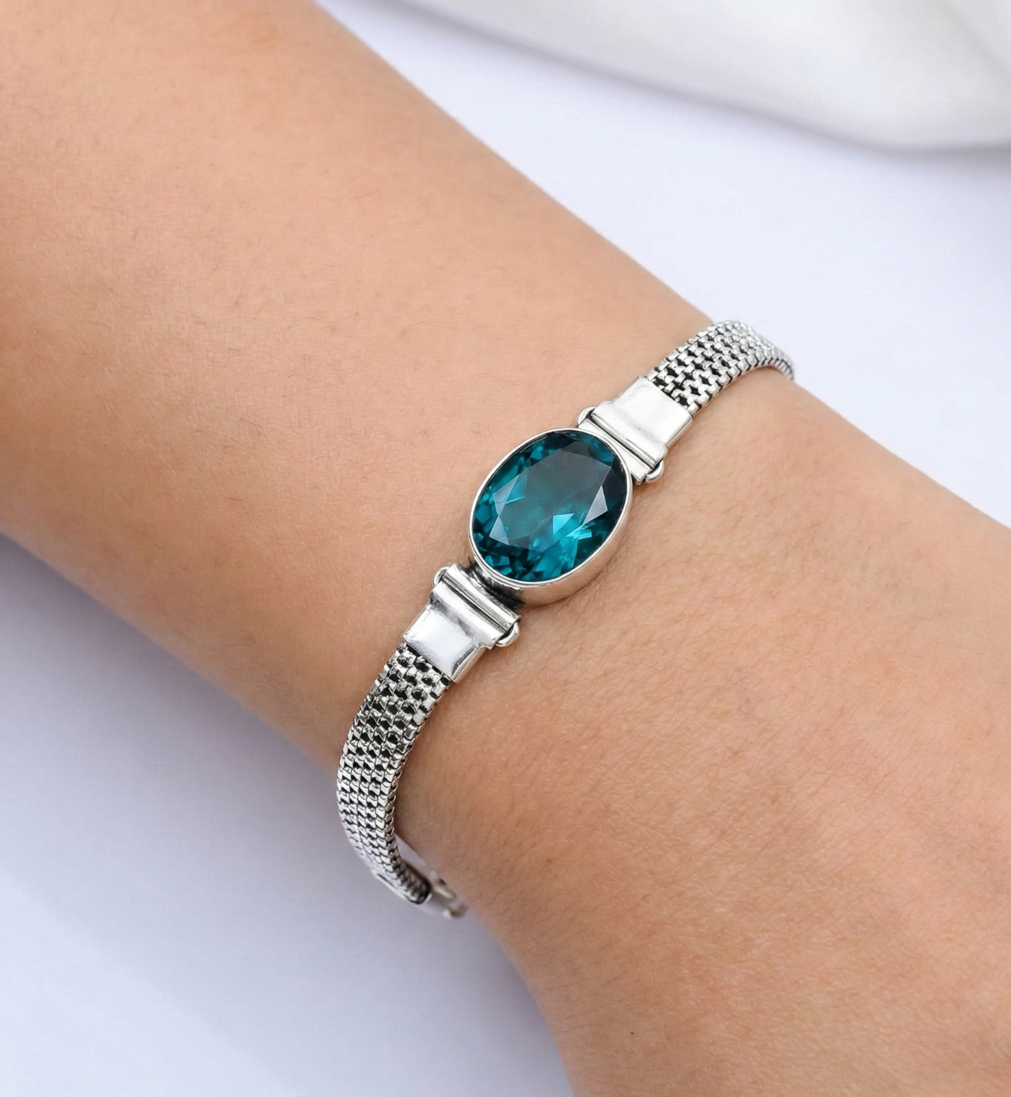 London Blue Topaz Gemstone Handmade 925 Sterling Silver Jewelry Chain Bracelet