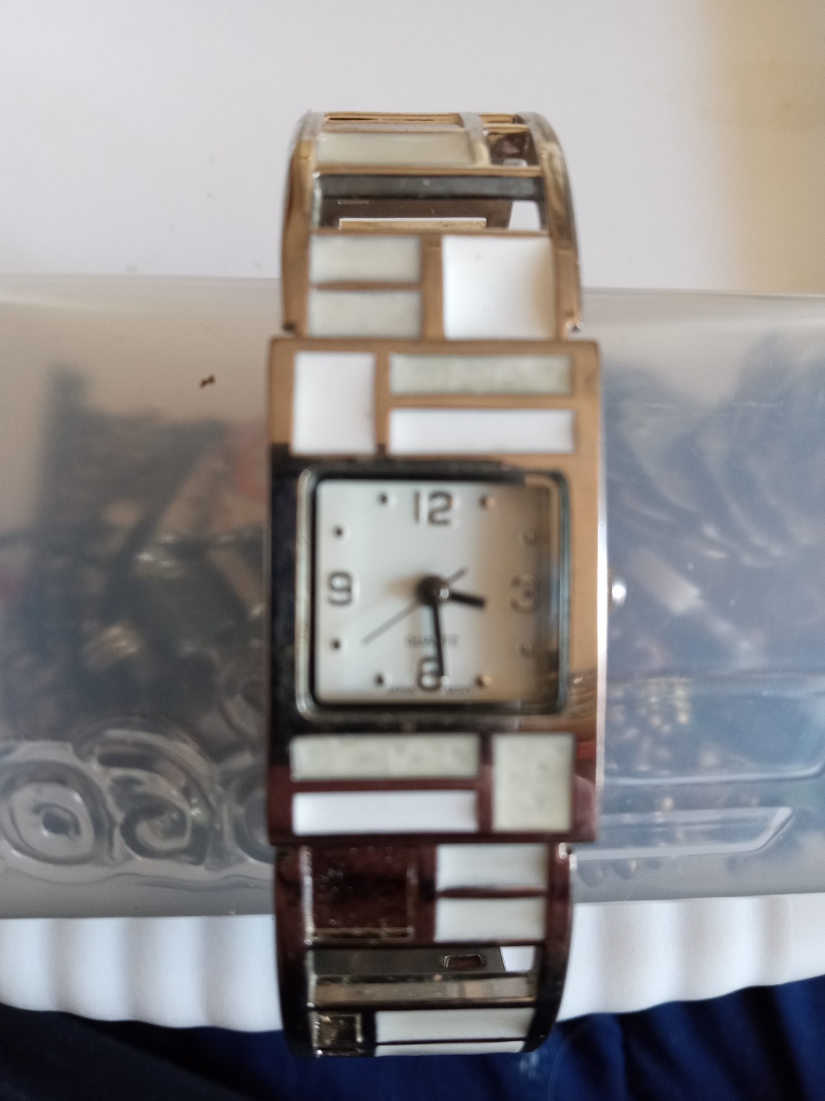 Ladies Square Silver Tone White Beige Cuff Bracelet Analog Watch Please Read