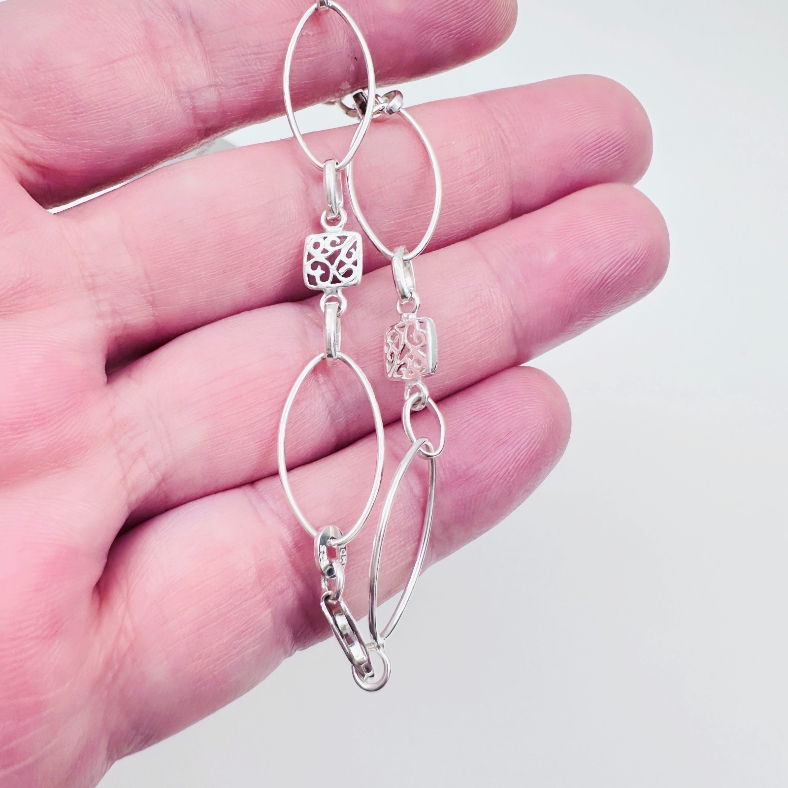 925 Sterling Silver Oval & Square Filigree Links Bracelet 6-10mm, 7 1/4″