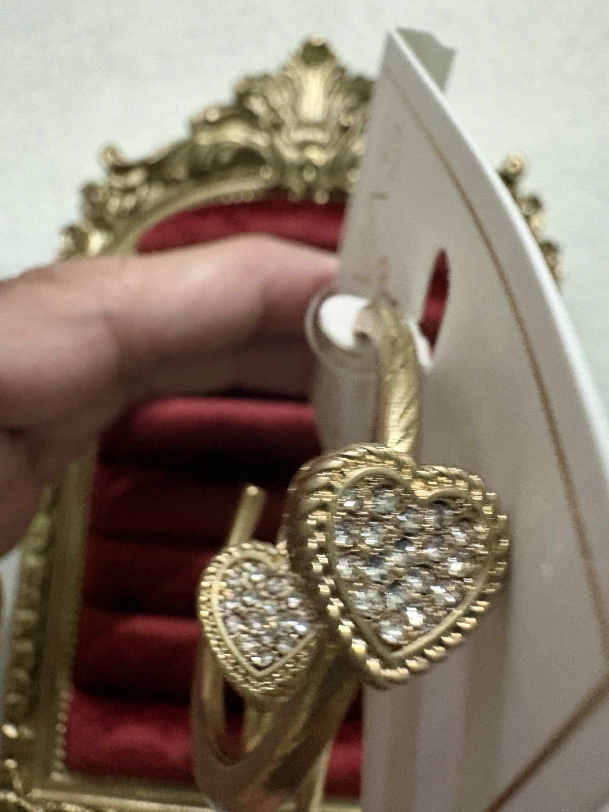 Canvas Style Gold Tone Hoop Earrings Heart Charm Clear CZ Pavé Hinged 1.75in