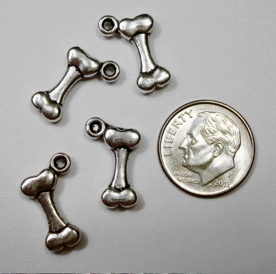 4 Dog bone charms, pendants earrings, antique silver plated zinc findings cfp020
