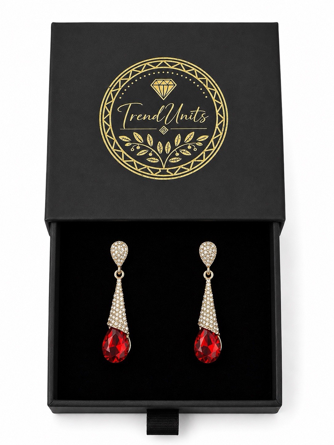 Rose Gold Red Crystal Teardrop Dangle Earrings Gift Box Included Elegant
