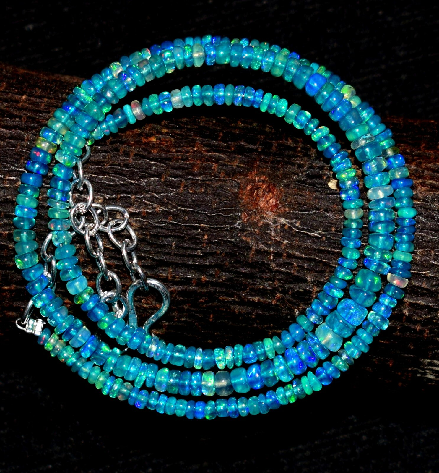 26Crt 16″Natural Ethiopian Blue Opal Welo Fire Opal Gemstone Bead Necklace S2288