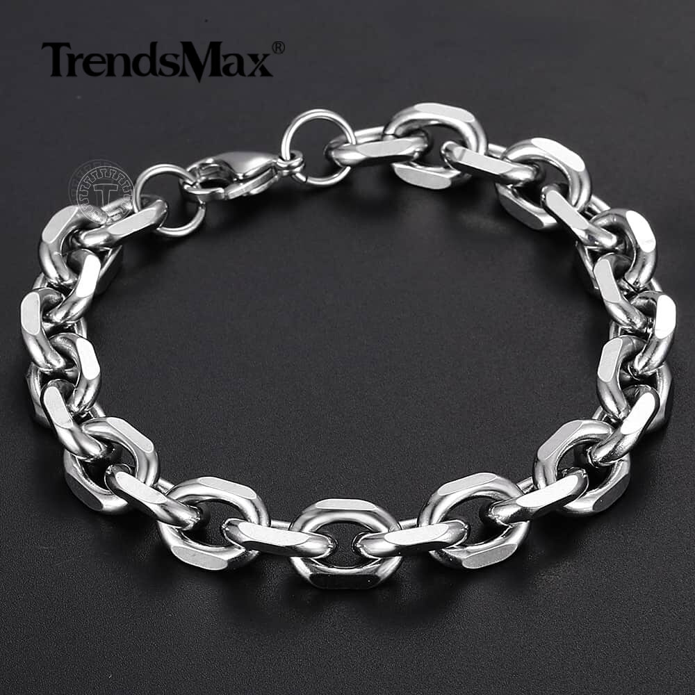 10mm Rolo Cable Link Mens Chain Boys Silver Tone Stainless Steel Bracelet