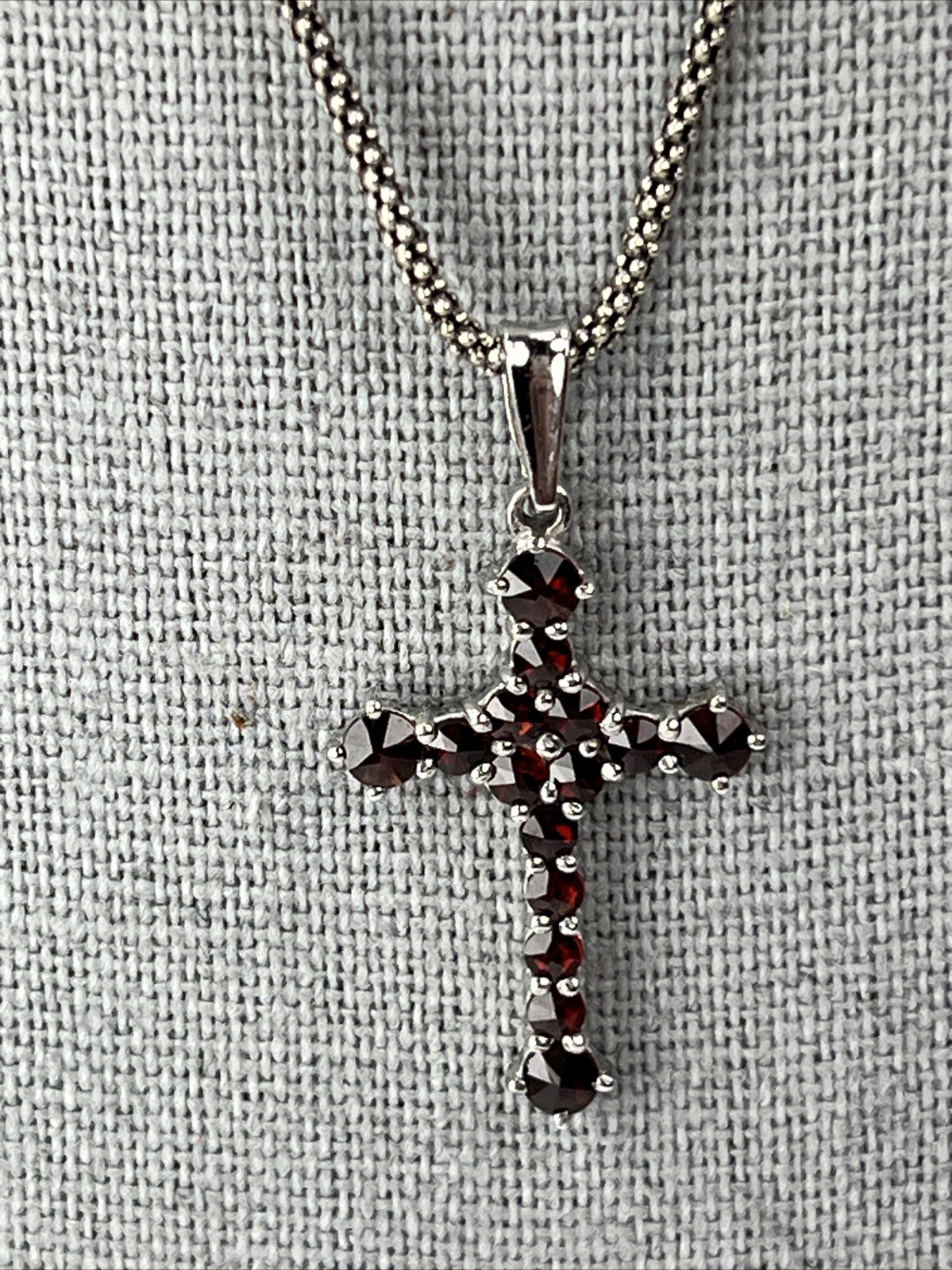 Sterling Silver Natural Garnet Cross Pendant Wheat Link Chain Necklace 20in