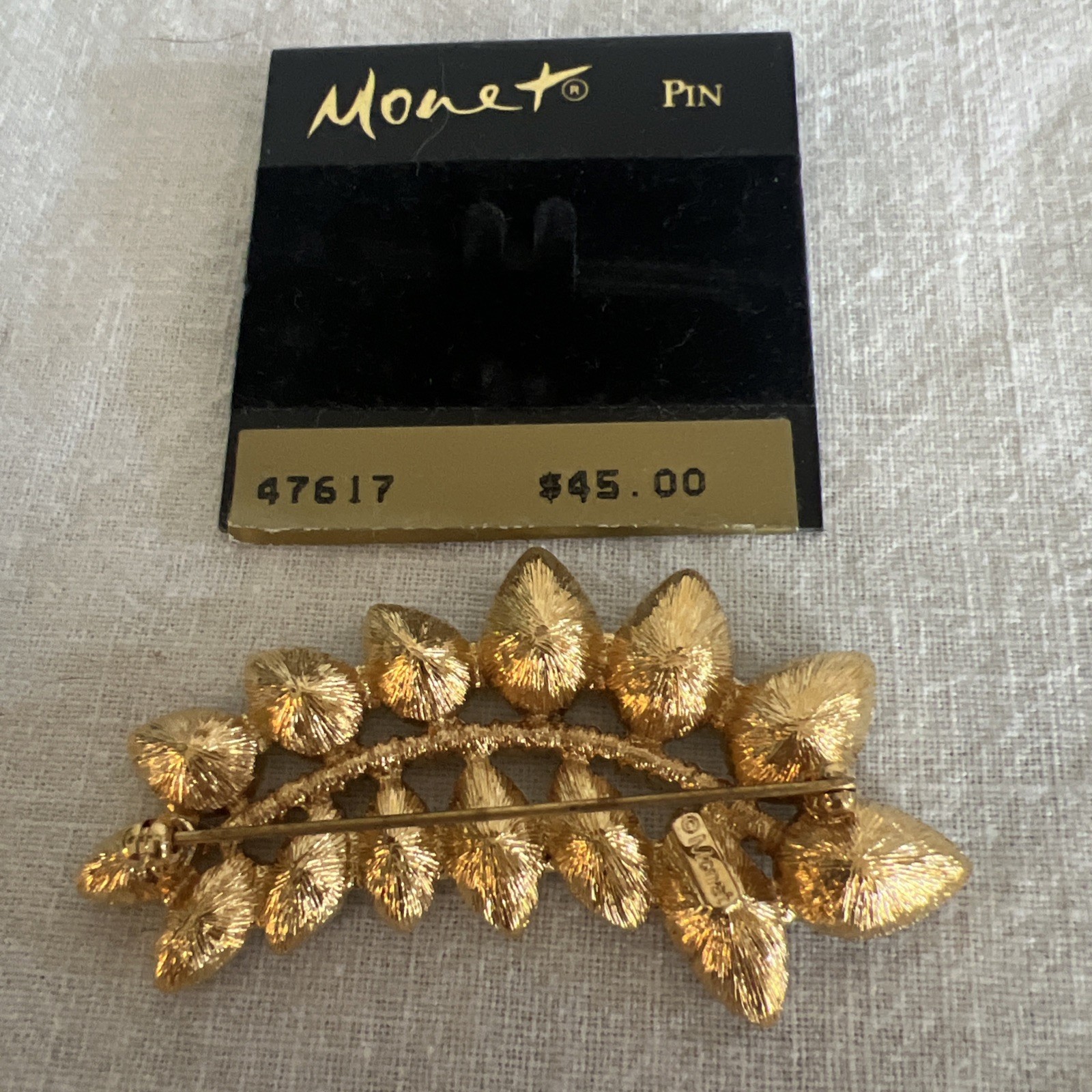 Vtg Signed Monet Gold Tone Leaf White Rhinestones Brooch Statement Pin 2 5/8 in