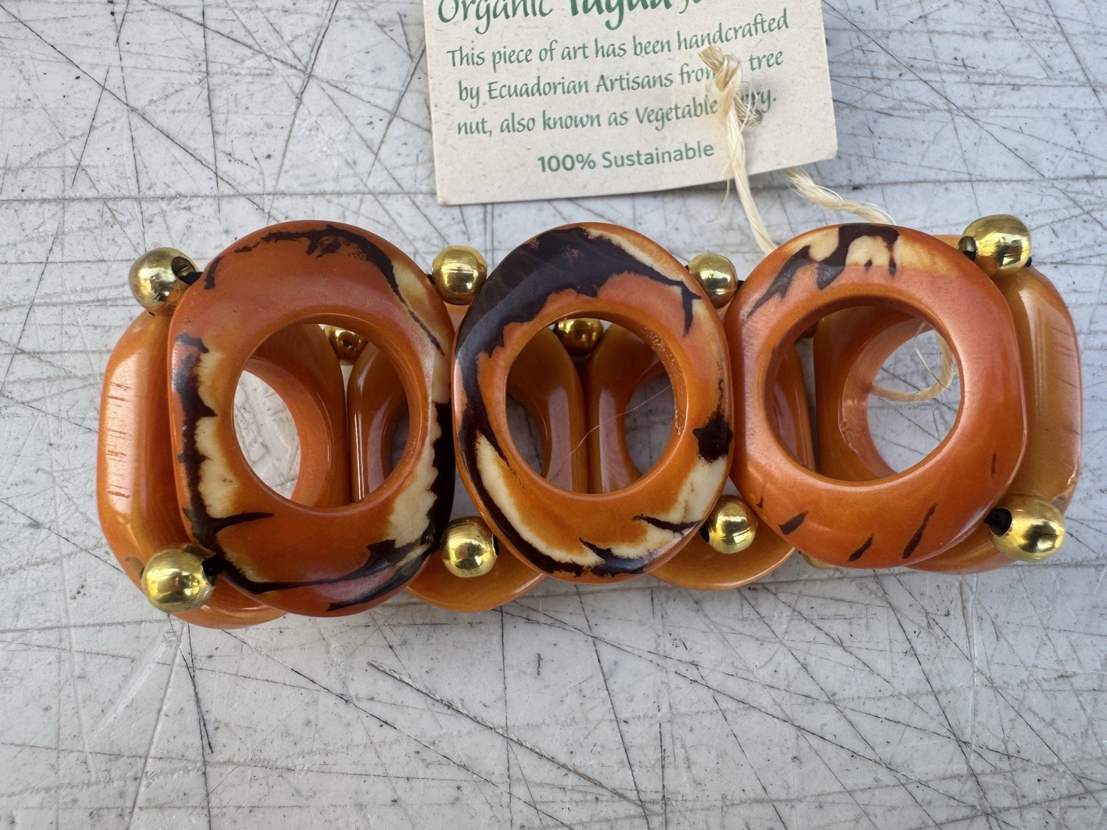 Organic Tagua Nut, Acai Seeds Bracelet Orange & Brown Handmade Ecuador Jewelry