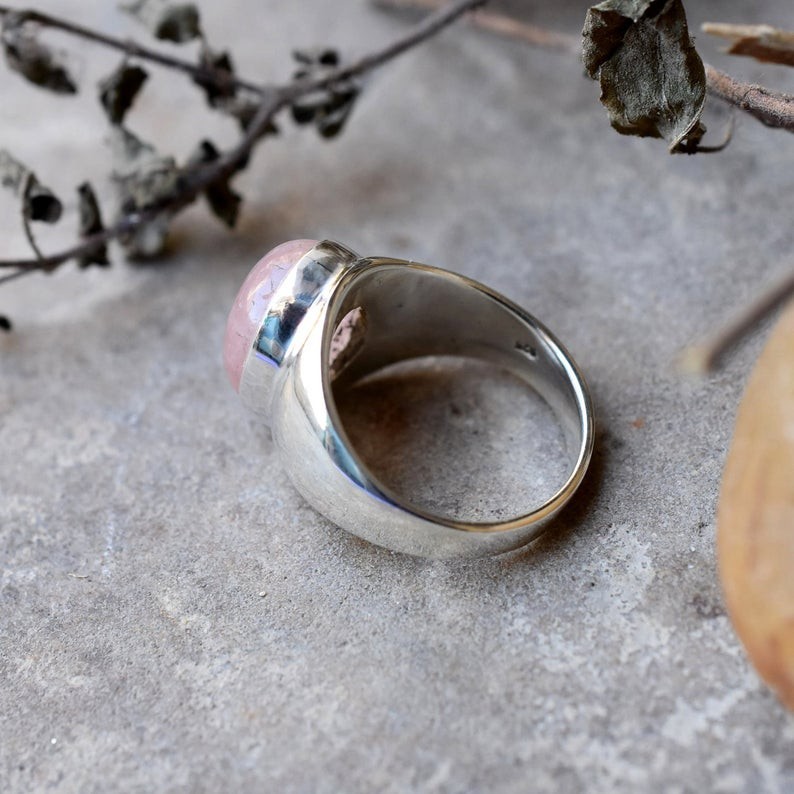 Solid 925 Sterling Silver Natural Rose Quartz Gemstone Signet Men’s Unisex Ring