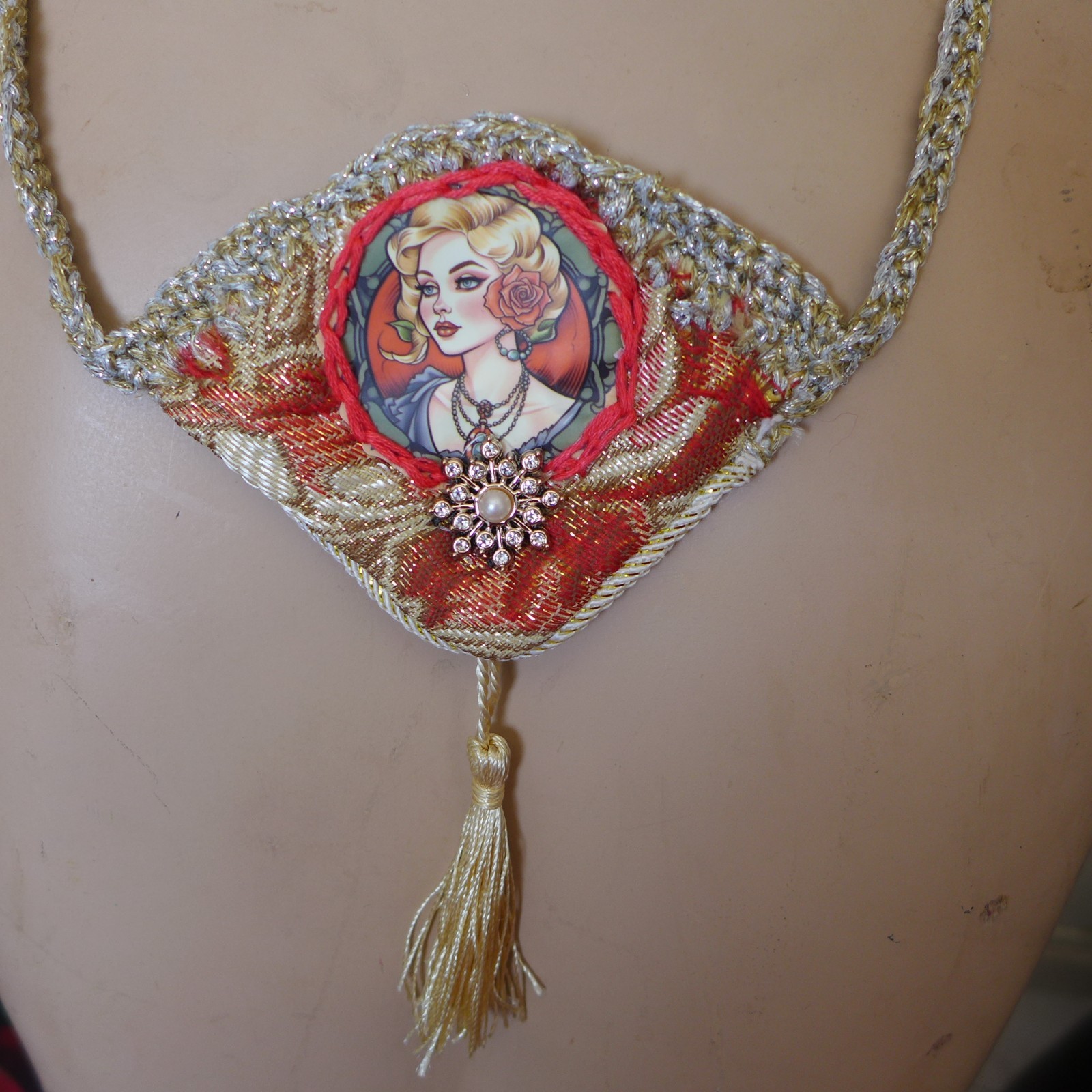 Handmade Crocheted art Necklace Cotton Fabric embroidered crocheted+ Beads