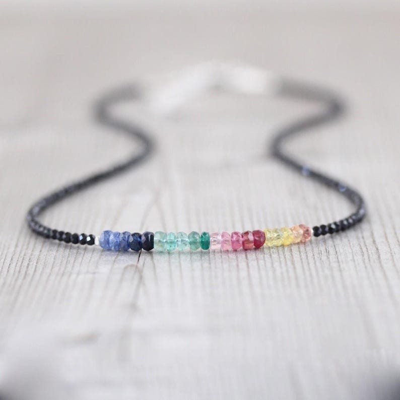 AA+ Natural Black And Multi Sapphire Beads Necklace In 925 Silver Woman Jewelry
