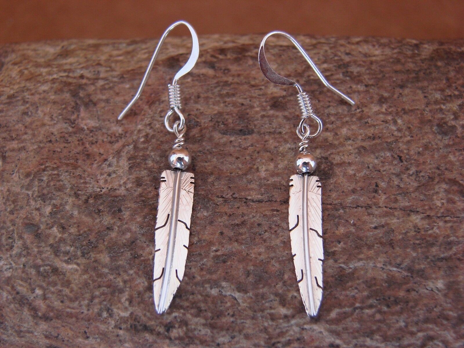 Navajo Indian Hand Stamped Sterling Silver Feather Earrings by Marvin Arviso