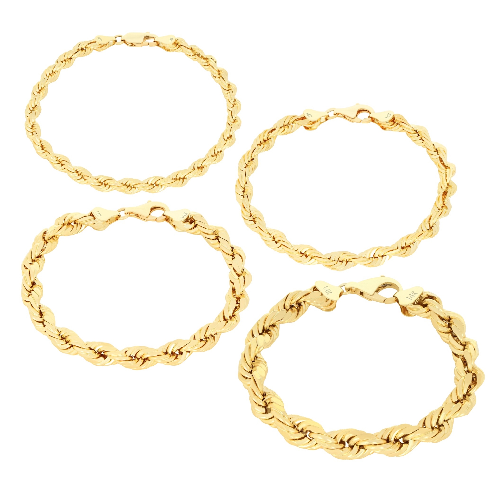14K Yellow Gold 1.5mm-10mm Solid Diamond Cut Rope Chain Bracelet 7″ 7.5″ 8″ 9″