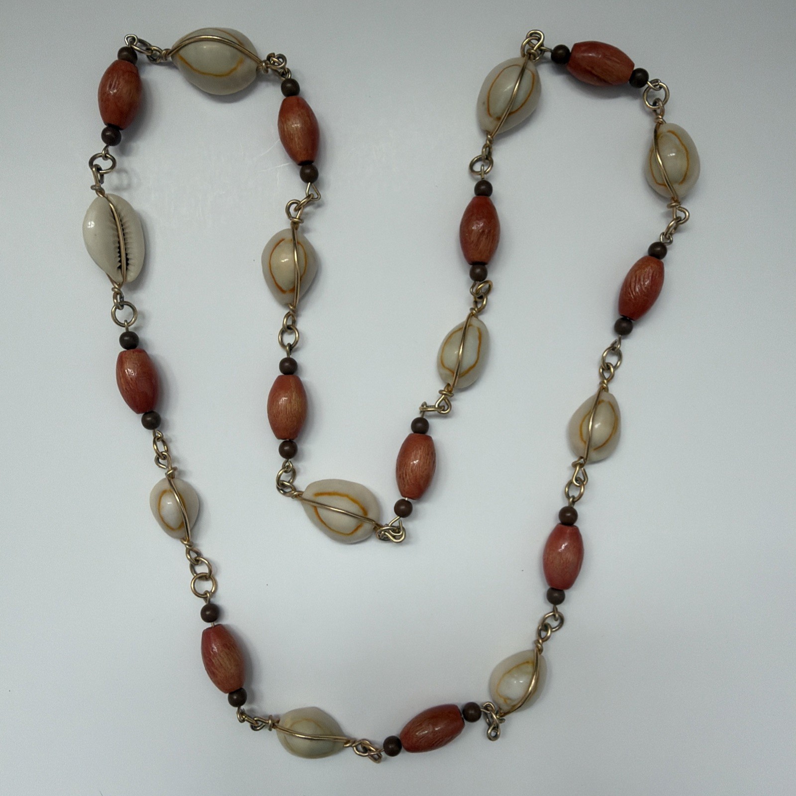 Vintage Cowrie Shell Wood Bead Long Necklace Coastal Beach Boho Resort Jewelry