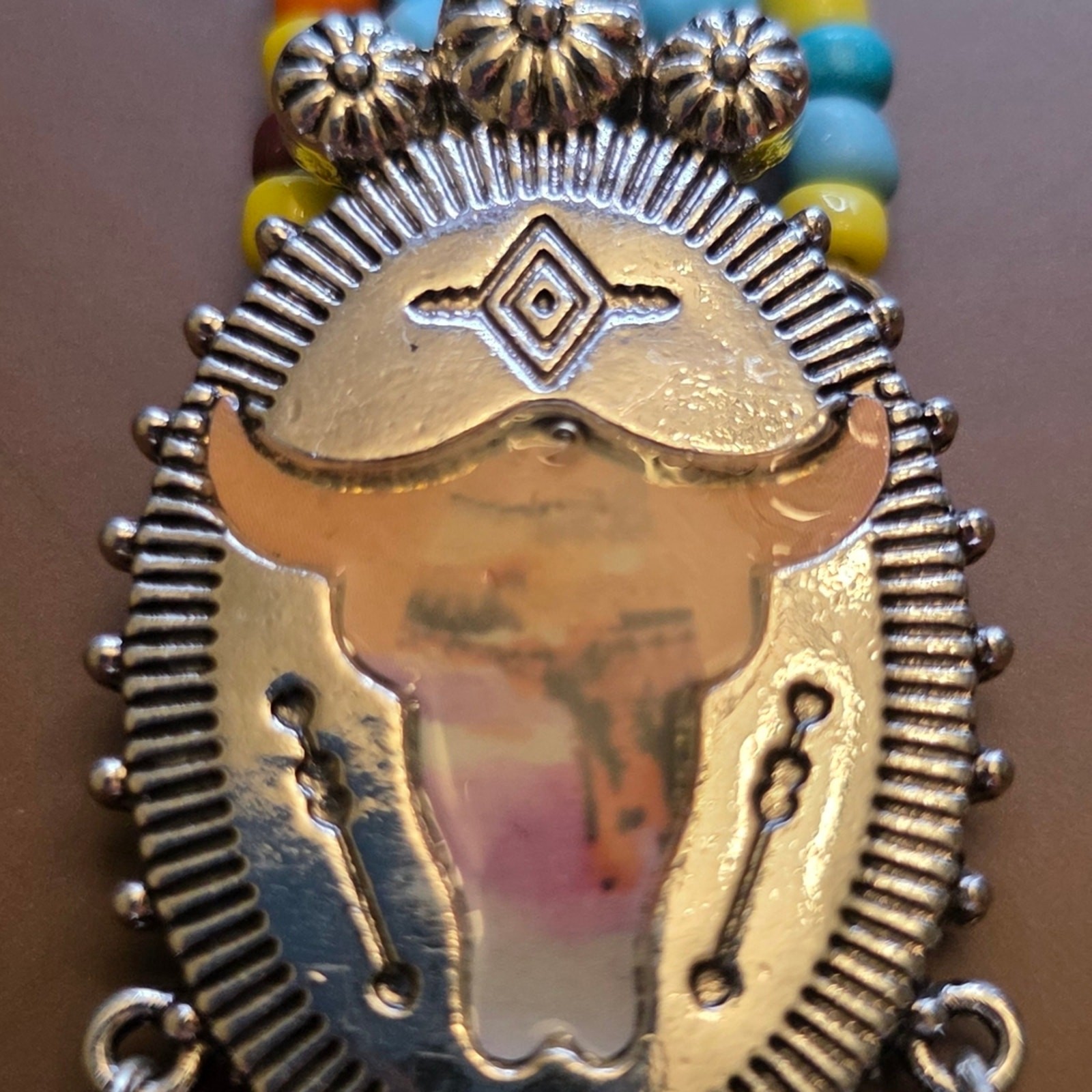 Boho Silver Bull Pendant Beaded Necklace in Turquoise & Orange