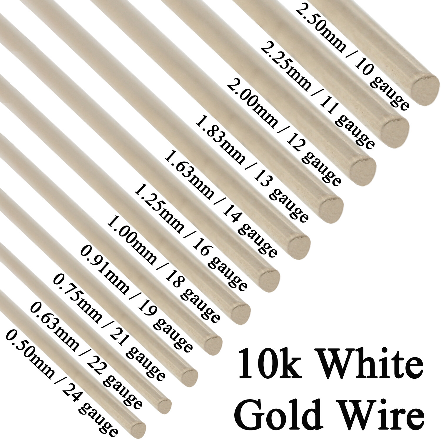 10K Solid White Gold Round Wire Half Hard 1 Inch 10ga – 24 Gauge 0.5mm – 2.5mm